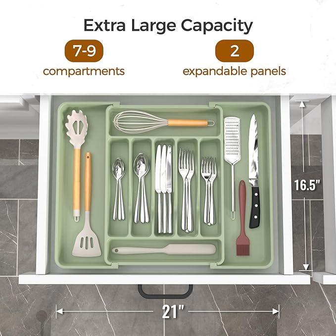 Extra Large Expandable Silverware Organizer, BPA-Free Food-Safe Cutlery Flatware Organizer, Kitchen Utensil Drawer Organizer, Adjustable Silverware Holder for Spoons Forks Knives, Green