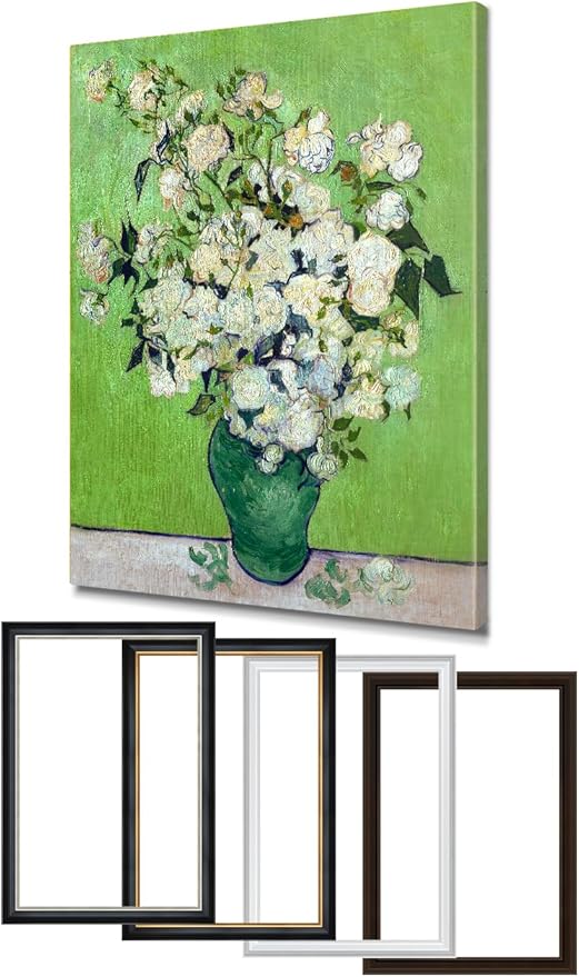 DECORARTS - Pink Roses in a Vase by Vincent Van Gogh, Large Giclee Canvas Print with Solid Wood Frame, Oversized Wall Art Decor
