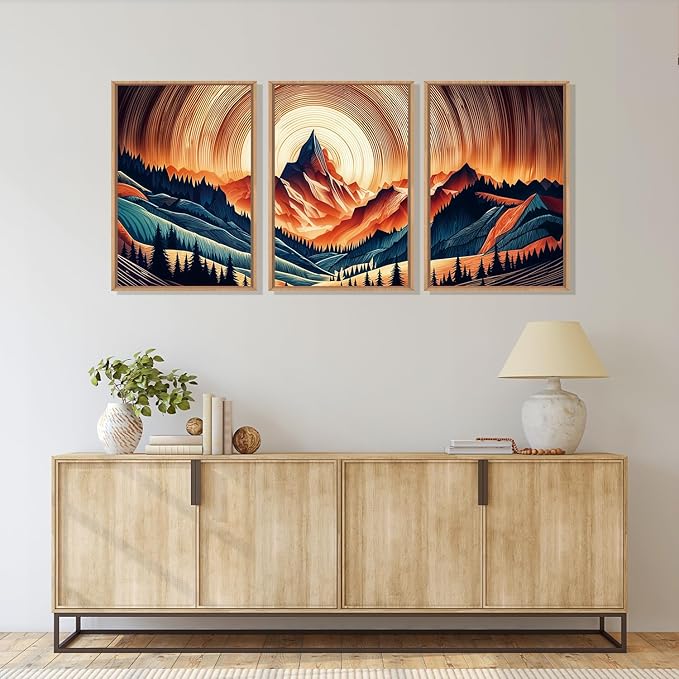 HOURIA Woodland Mountain Framed Canvas Wall Art Set,Natural Boho Tree Ring Wall Decor,Vintage Earth Tone Forest Landscape Artwork,Wilderness Field Art Print For Living Room,Bedroom,Office-16 x24 x3