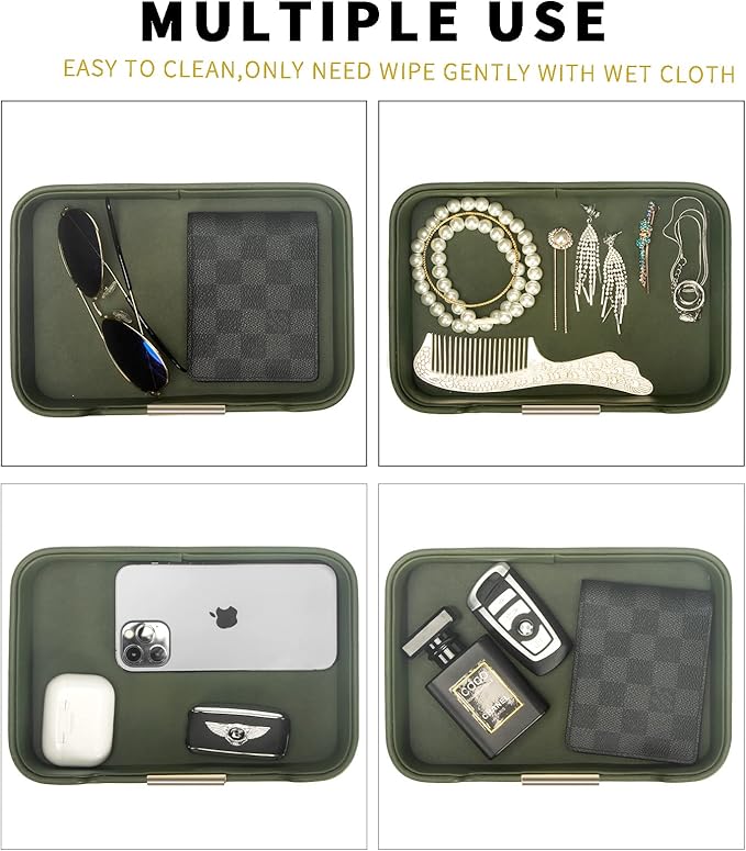 SANZIE Luxury Leather Tray Desktop Storage Catchall Organizer Decorative Tray for Entryway Table to Hold Jewelry Watch Keys Phone Wallet (Metal Glided, Green)