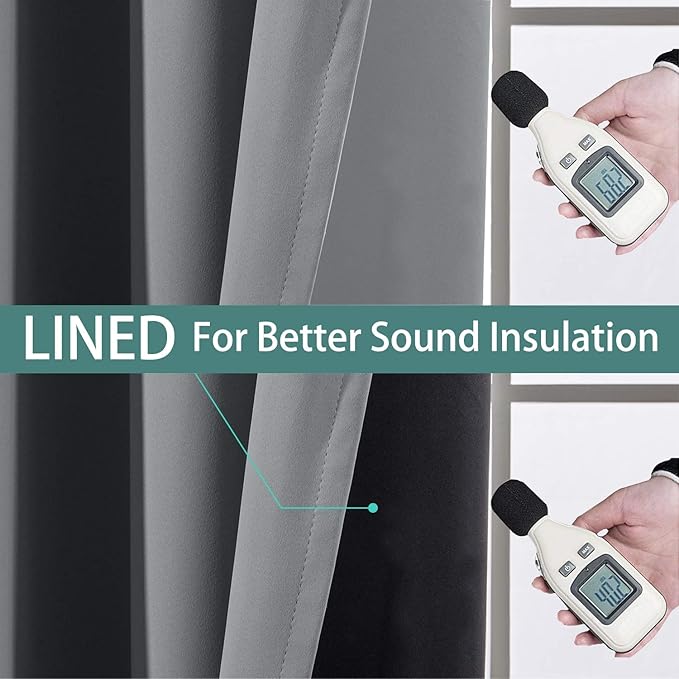 Yakamok Gray 100% Blackout Curtains 45 Inches Long, Full Light Blocking Thermal Insulated Blackout Drapes with Black Liners for Bedroom(Grey, 2 Panels, 52W x 45L)