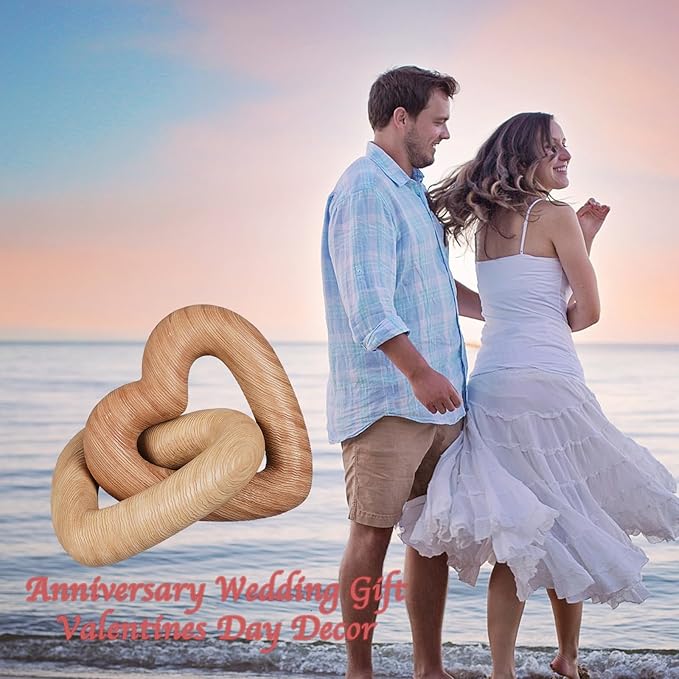 Guichifun Couple Gifts Modern Farmhouse Decor - Resin Heart Sculpture Home Wood Finish Chain Link Décor Love Statues Anniversary Wedding Gifts 8 x 7 x 5.5 Inch