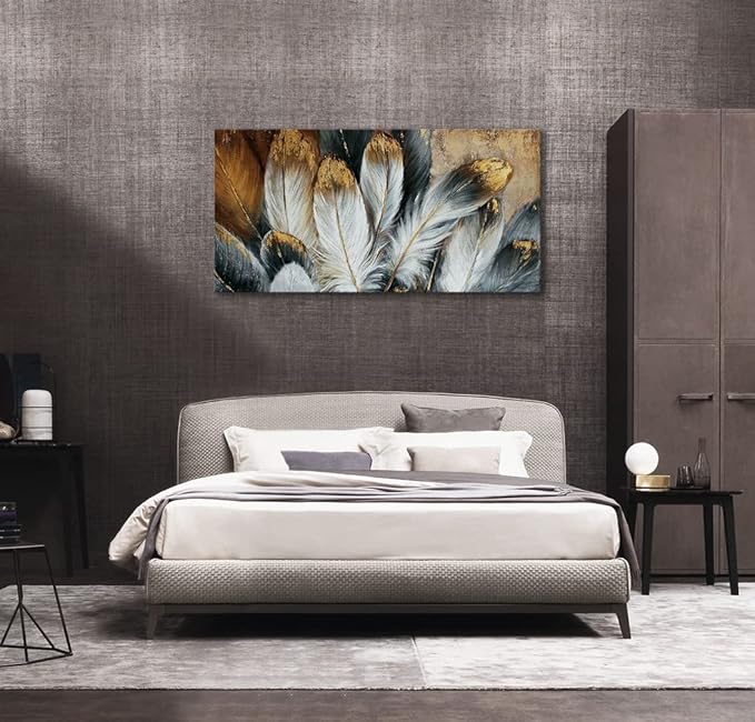 Feather Canvas Wall Art Modern Living Room Bedroom Wall Decoration Large Giclee Print Canvas Painting Artwork for Home Decor One Piece White Gold Brown Feather Picture Ready to Hang 58x29 Size