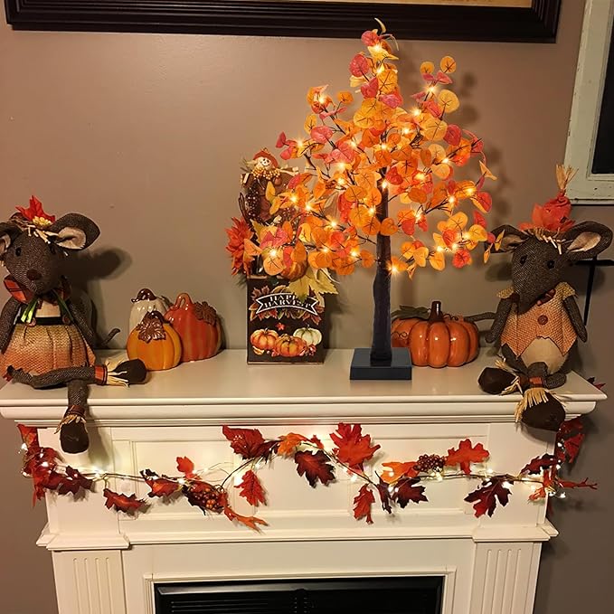 Agusbagli 24 Inch Artificial Eucalyptus Tree Decor, 55 LED Battery Operated Fall Light Up Tabletop Tree with Timer for Indoor Home Wedding Harvest Autumn Thanksgiving Decorations