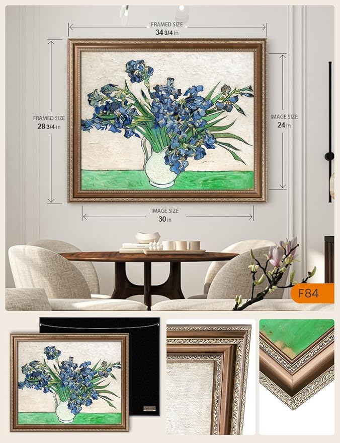 DECORARTS - Vase with Irises1889, Vincent Van Gogh Art Reproduction. Acid Free Cotton Canvas Giclee Print w/Bronze Frame&Mat for Wall Decor.