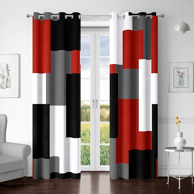 Red Black 100% Blackout Curtains for Bedroom 72 inch Length 2 Panels Set White Grey Modern Abstract Geometric Black Out Curtains Insulated Room Darkening Window Drapes for Living Room, 52Wx72L
