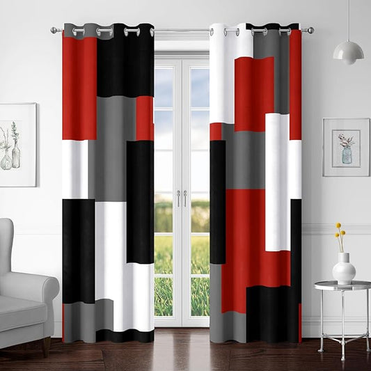 Red Black 100% Blackout Curtains for Bedroom 72 inch Length 2 Panels Set White Grey Modern Abstract Geometric Black Out Curtains Insulated Room Darkening Window Drapes for Living Room, 52Wx72L