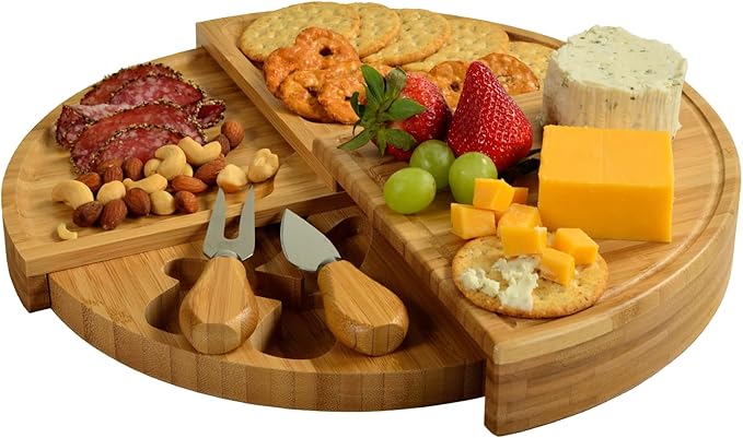 Picnic at Ascot Bamboo Board for Appetizers with Cheese Tools - Stores as a Space Saving Wedge - Opens to 13" Diameter – Designed by Picnic at Ascot - USA Patented & Quality Assured