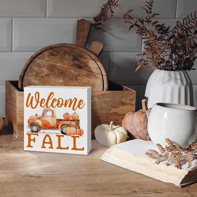 Welcome Fall Wood Sign, Pumpkin Harvest Truck Decor, Front Door Shelves Decoration, Farmhouse Home Decor, Autumn Thanksgiving Decors, Decorative Wooden Table Signs, Rustic Wooden Box Sign A16