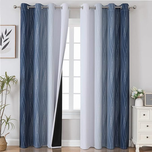 Estelar Textiler Greyish White and Navy Blue Blackout Curtains 96 Inches Long, Ombre Thermal Insulated Noise Reducing Blackout Drapes for Bedroom, Full Room Darkening Grommet Curtains,52Wx96L,2 Panels