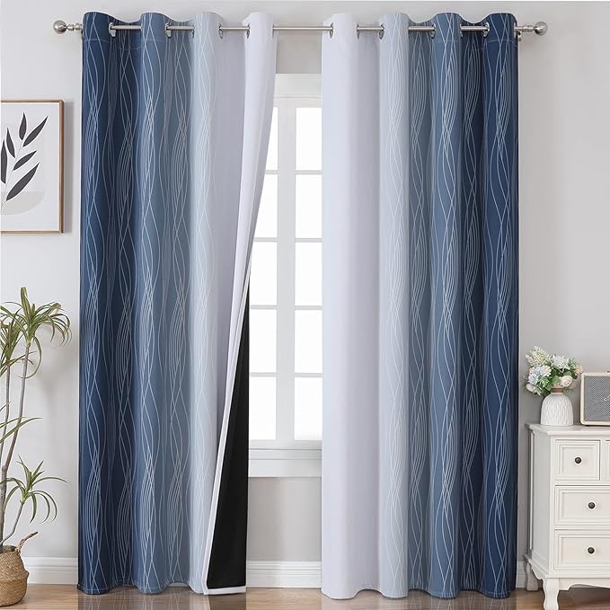 Estelar Textiler Blackout Curtains 90 Inches Long 2 Panels, Navy Blue and Greyish White Thermal Insulated Energy Saving Ombre Drapes for Bedroom,Light Blocking Grommet Curtains for Living Room,52Wx90L
