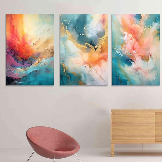 3 Piece Rendering Wall Decor Large Size Abstract Colorful Art Printed on Canvas Posters Painting Artwork for Living Room Office Picture Decoration Stretched and Framed [72''Wx 36''H]