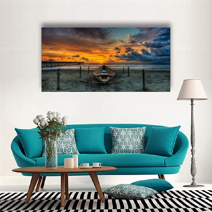 Beach Themed Wall Art Canvas Prints Seascape Poster Bathroom Décor Boat Ocean Sunset Landscape Paintings for Bedroom Dining Room Home Kitchen Decorations Natural Artwork 24x48 Picture Wooden Frames