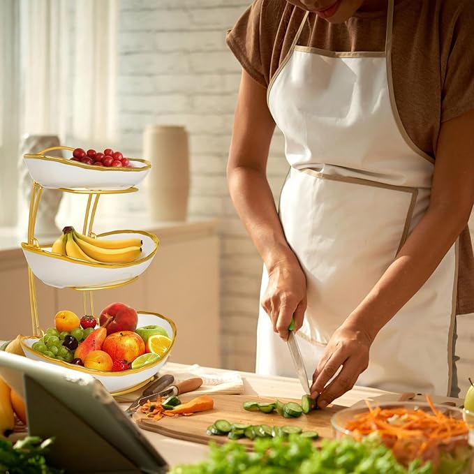 3 Tier Fruit Bowl for Kitchen Counter, Ceramic Serving Bowls with Gold Metal Stand, Tiered Fruit Basket Display Rack for Fruits Vegetable Snack Nuts Cake Dessert Storage