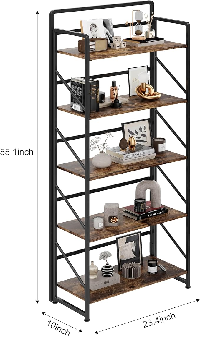 JSB Folding Bookshelf,Industrial Storage Shelves, No Assembly Vintage Wood Look Bookshelf with Storage Shelves for Living Room, Bedroom, Office (Fire Brown, 5-Tier)