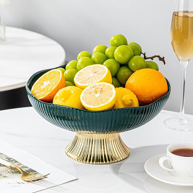 Ceramic Fruit Bowl,10” Pedestal Bowl, Decorated Fruit Tray for Kitchen Counter and Dining Table, Footed Bowls for Afternoon Tea Parties, Bread and Salad Bowl with Golden Feet. (green)