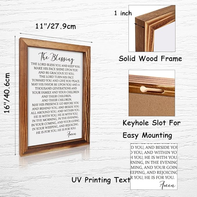 CHDITB The Blessing Lyrics Kari Jobe Framed Wood Sign Plaque(11"×16"), Religious Scripture Bible Verse Amen Quotes Christian Home Decor, Vintage Psalm 91 Wall Art for Home Bedroom Kitchen Farmhouse