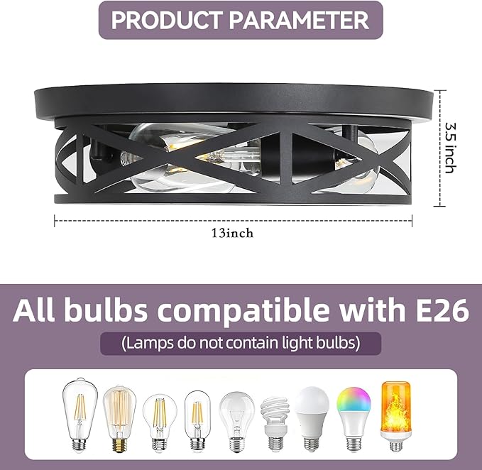 13 inch Black Flush Mount Ceiling Light Fixtures,3-Light Industrial Farmhouse Ceiling Light Fixture，Black Light Fixture Ceiling Mount for Kitchen Bedroom Living Room Hallway 2 Pack