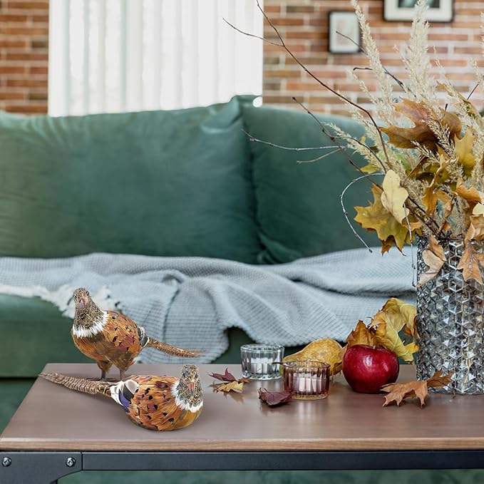 naturevibe Feathered Pheasant Decor Set of 2,Simulation Woodland Animals Figurines with Natural Pheasant Feathers as Fall Home Decor or Gifts for Autumn Harvest Festival