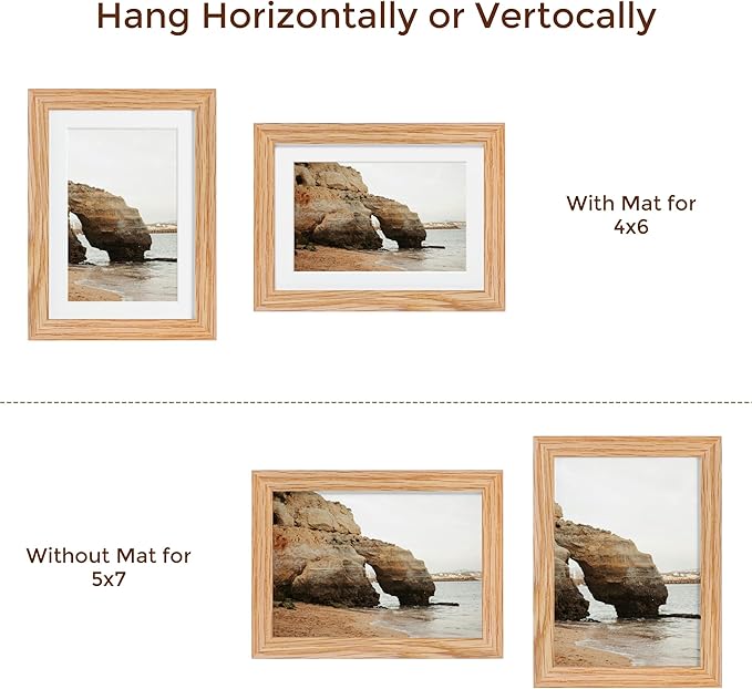 5x7 Picture Frame, Solid Oak Wood 5 x 7 Frame with Plexiglass, 5 by 7 Photo Frame for Wall & Tabletop Display, 5x7 Picture Frame Matted to 4x6, Natural Oak Color, 3 Pack