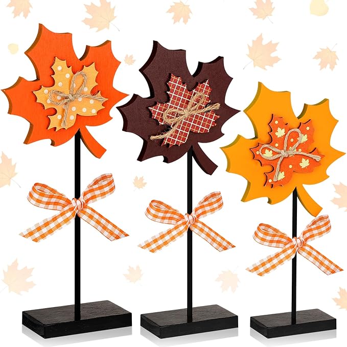 3 Pieces Large Fall Maple Leave Wooden Tabletop Sign Maple Leave Tall Standing Wood Block Autumn Table Sign for Fall Thanksgiving Tiered Tray Home Desk Office Party Decoration