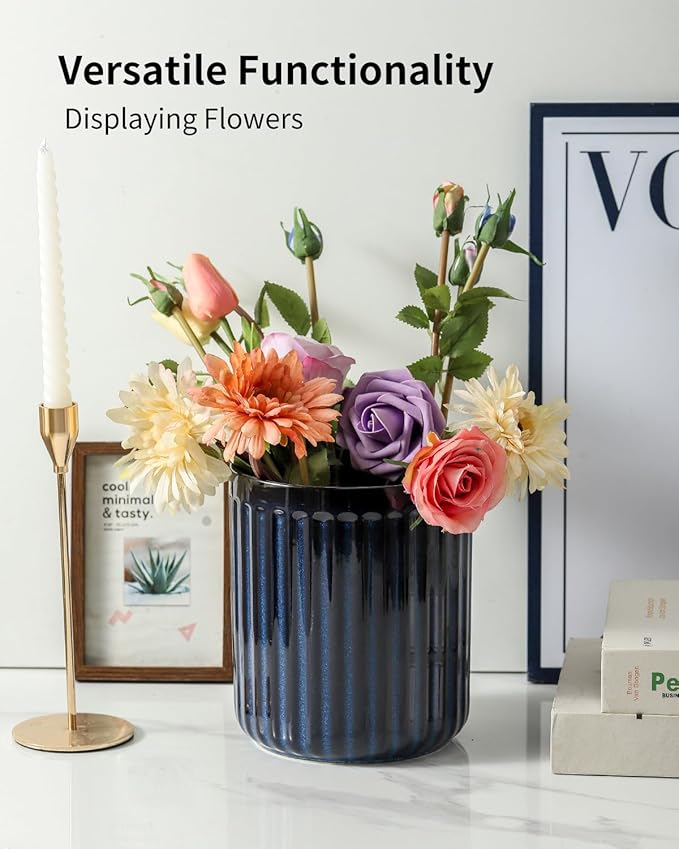 Hasense Ceramic Utensil Holder, 7.3" x 6.2" Ribbed Utensil Crock for Farmhouse Decor, Porcelain Cooking Utensil Holder for Kitchen Countertop, Utensil Organizer for Housewarming Gift, Navy Blue