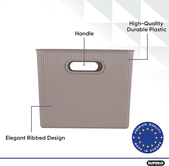 Superio Ribbed Collection - Decorative Plastic Lidded Home Storage Bins Organizer Baskets, X-Large Taupe (2 Pack - 22 Liter) Stackable Container Box, for Organizing Closet Shelves Drawer Shelf