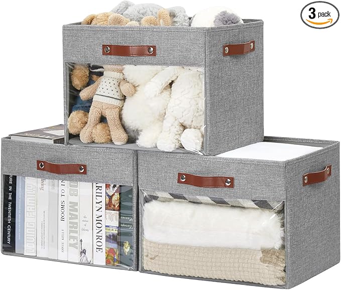 Extra Large Storage Baskets with Clear Window, See Through Closet Organizer with PU Handles, Linen Foldable Storage Bins for Organizing Clothes, Toys, Books (Gray)