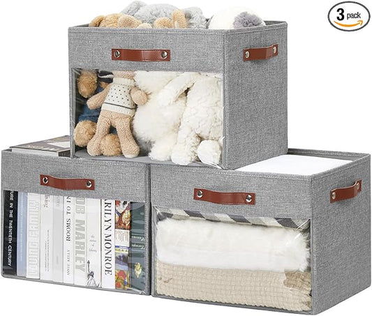 Extra Large Storage Baskets with Clear Window, See Through Closet Organizer with PU Handles, Linen Foldable Storage Bins for Organizing Clothes, Toys, Books (Gray)