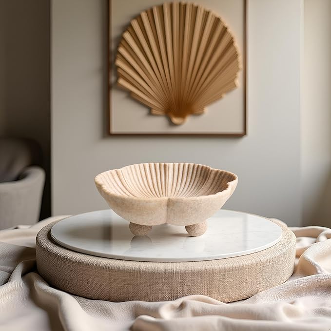 Large Decorative Bowl decor, Scalloped Pedestal Bowls for Modern Home Decor,Ruffle Decor,Stylish Key Bowl for Entry Table,Decorative Fruit Bowl for Kitchen Counter, Artificial Stone Beige