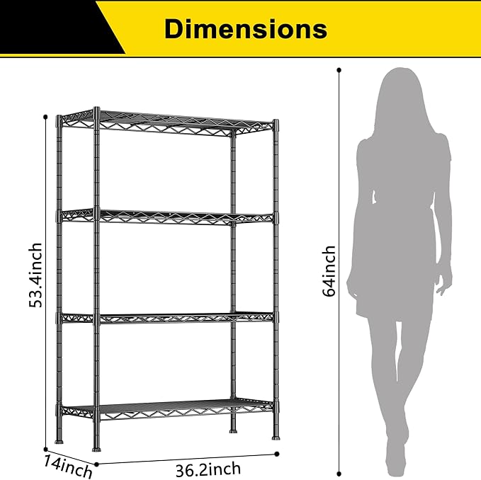 GIOTORENT 4-Wire Garage Shelving Storage Shelves, Metal Shelf Organizer 1400Lbs Capacity, Kitchen Storage Adjustable Shelf for Laundry Bathroom Pantry Closet, Black 36.2''L x 14''W x 53.4''H