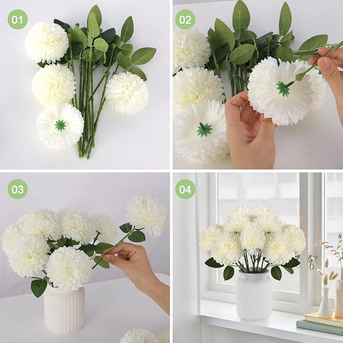Hananona 24 Pcs Artificial Chrysanthemums Flowers Ball White Flower Bulk, Fake Mums Flowers Silk Plants for Home Decor Indoor Floral Arrangement Table Centerpiece (24, White)