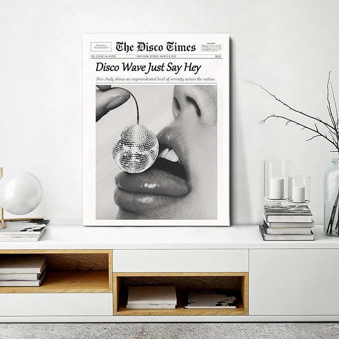 Trendy Disco NewsPaper Wall Art Prints Canvas Wall Art Prints Cherry Disco Ball Headline Poster Black and White Posters Funky Aesthetic Canvas Prints Magazine Art Dorm Living Room Home Décor 8x10in