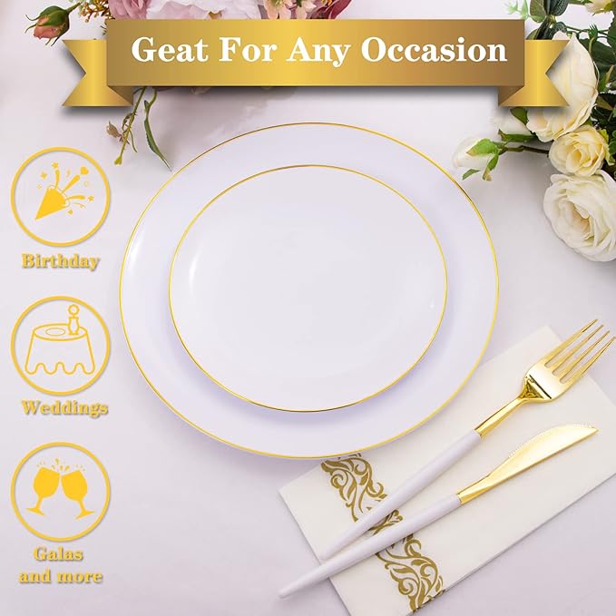 Nervure 100Pieces White with Gold Rim Plastic Plates - 7.5inch Disposable Gold Salad/Dessert Plate - White and Gold Plastic Plates Ideal for Wedding & Party & Thanksgiving