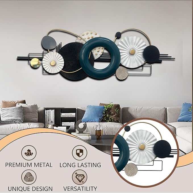 Modern Abstract Metal Wall Art, Large 59x 21 Inches Wall Sculptures, Geometric Circles Design Wall Decor, Blue Black White, Wall Decors for Living Room Bathroom Bedroom Dining Room