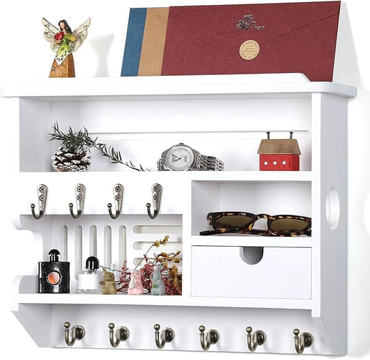Key Holder for Wall, Mail Organizer Wall Mount with Storage Drawer and 10 Hooks, Easy Installation Key Holder Wall Mount for Home Decor, White
