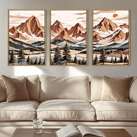 IARTTOP Framed Mountain Canvas Wall Art Large16x24 Inch Abstract Mountain Art Prints Set of 3 Vintage Nature Scenery Wall Decor for Living Room Bedroom Office