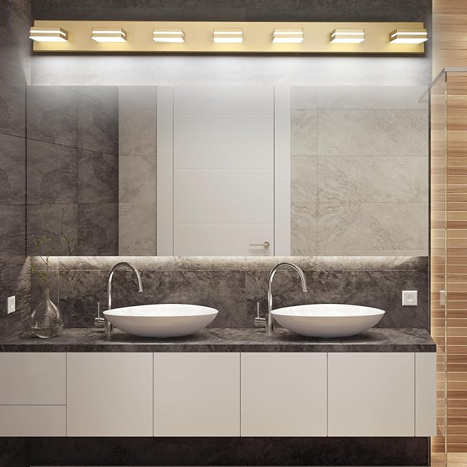 SineRise LED Modern Bathroom Vanity Light Fixtures (7-Light, 55-Inch, Dimmable), Gold Modern Acrylic Bathroom Wall Lighting Fixtures Over Mirror (Cool White 6000K)