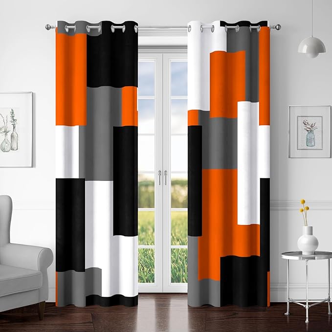 Orange 100% Blackout Curtains for Bedroom 72 inch Length 2 Panels Set White Grey Modern Abstract Geometric Black Out Curtains Insulated Room Darkening Window Drapes for Living Room, 52Wx72L