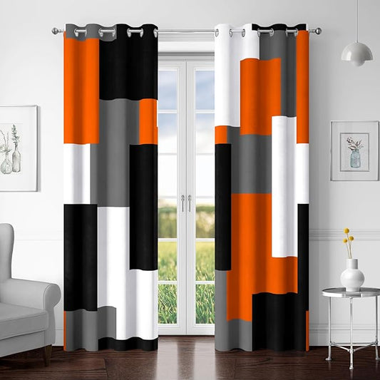 Orange 100% Blackout Curtains for Bedroom 72 inch Length 2 Panels Set White Grey Modern Abstract Geometric Black Out Curtains Insulated Room Darkening Window Drapes for Living Room, 52Wx72L