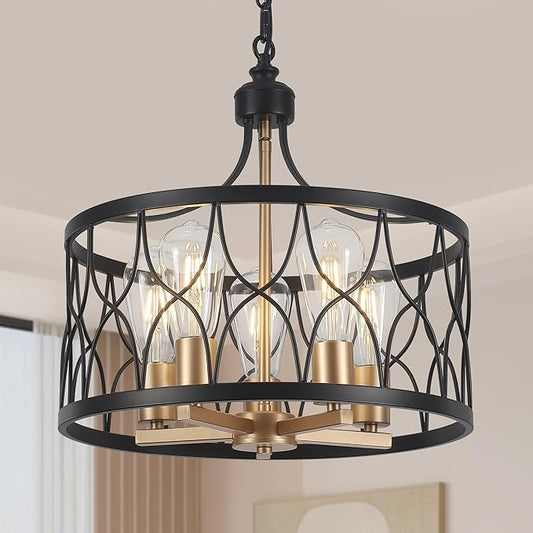 15.74" Farmhouse Ceiling Light Fixture, Hight Adjustable, 5-Light Modern Industrial Metal Cage Pendant Lighting for Kitchen Island Dining Room Living Room and Entryway (Gold)