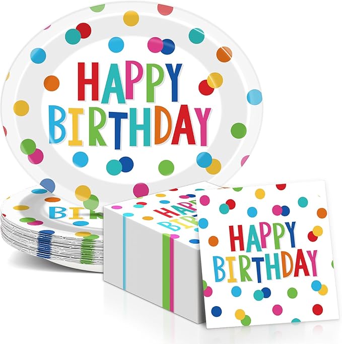 Birthday Party Oval Paper Plate 11inch Large Happy Birthdays Plates and Napkins, Colorful Dots Party Decoration Favor Dish Tray for Bday Baby Shower Holiday Gathering Supplies Tableware, 25 Guest