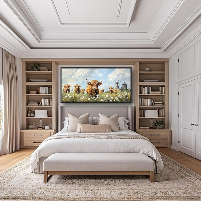 Flintis Large Highland Cow Barn Framed Wall Art Farmhouse Highland Cattle Daisy Pictures Wall Decor Abstract Canvas Painting Print Artworks Framed for Living Room Bathroom Master Bedroom 60L X 30W