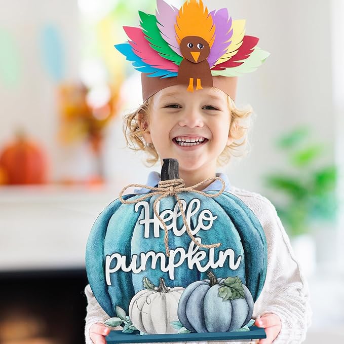 Soaoo Fall Decoration Wooden Fall Hello Pumpkin Sign Autumn Pumpkin Table Decor 11 Inch Wooden Autumn Desktop Ornament for Farmhouse Home Living Room Harvest Day Thanksgiving Decor(Blue)