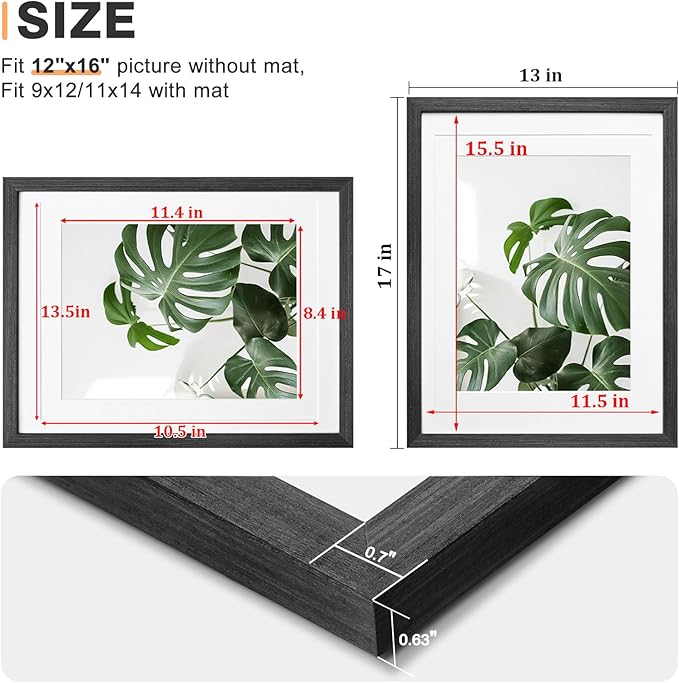 Egofine 12x16 Picture Frames Set of 4, Made of Solid Wood Covered by Plexiglass 9x12 and 11x14 with Mat or 12x16 without Mat, for Wall Mounting Photo Frame Rustic Black