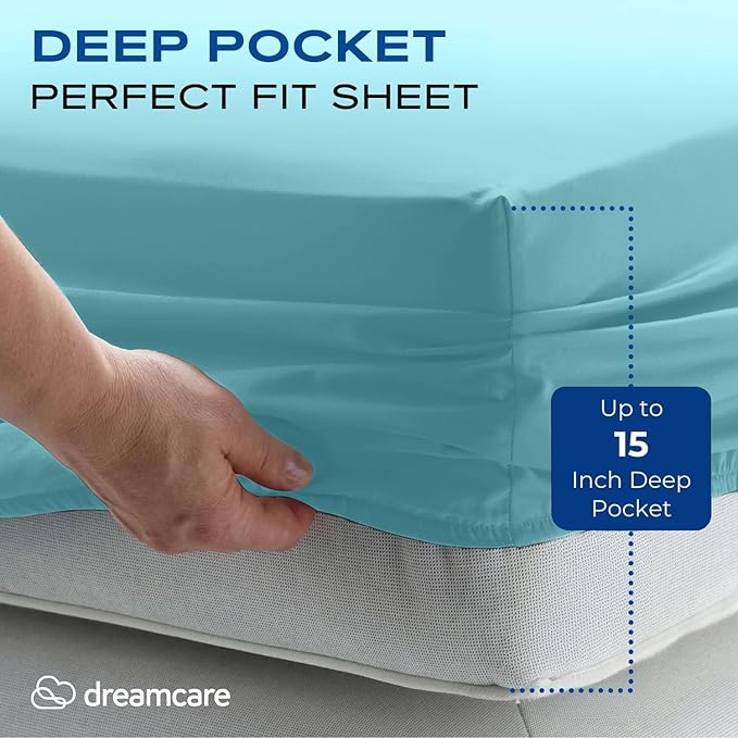 DREAMCARE Twin XL Sheets Set - 4 Pcs Cooling Bed Sheets with Up to 15" Deep Pockets - Soft, Long-Lasting 100% Brushed Polyester with Side Pocket (Spa Blue)