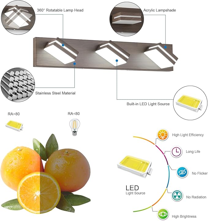 SineRise LED Modern Bathroom Vanity Light Fixtures (3-Light, 24-Inch), Brown Wood Painted Modern Acrylic Bathroom Wall Lighting Fixtures Over Mirror (Cool White 6000K)