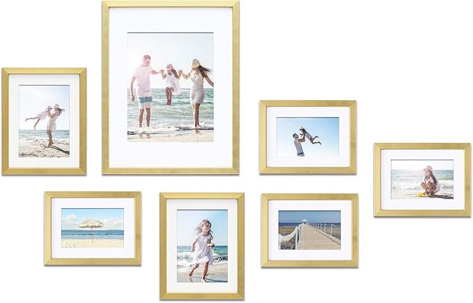 MIMOSA MOMENTS Picture Frame Sets for Wall Collage Multiple Sizes, Gallery Wall Frame Set with mat for one 8x10, two 5x7 and four 4x6 picture (Brass, 7 pcs set)