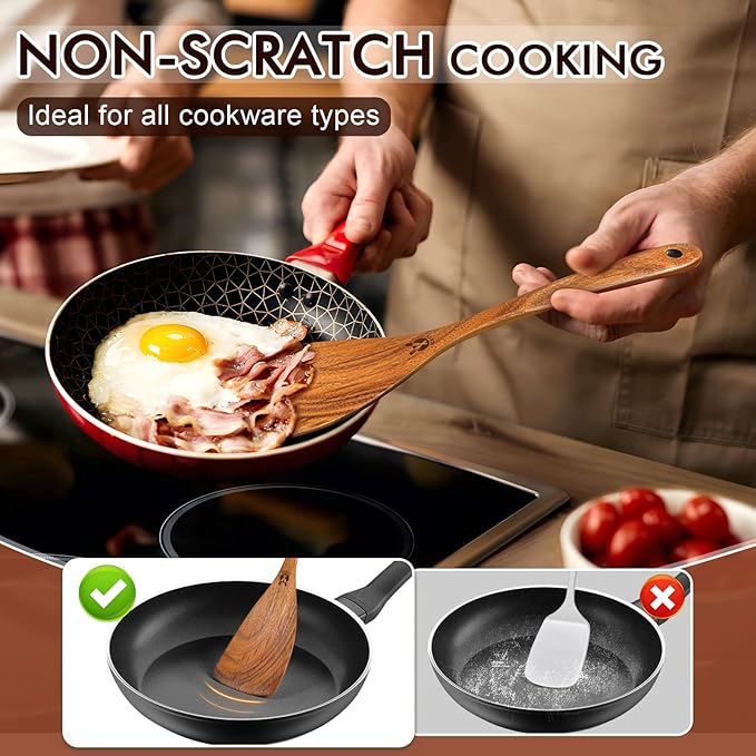 Wooden Spoons for Cooking, 6 Pcs Natural Teak Wooden Kitchen Utensils Set, Cooking Utensils Set with Long & Comfort Grip, Wooden Spoons Spatula Set Perfect for Non-Stick Cookware