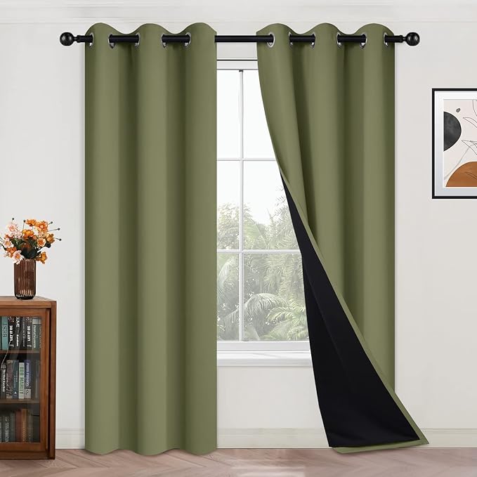 Yakamok 84 Inch Length 100% Blackout Curtains for Bedroom, 2 Thick Layers Thermal Insulated Grommet Total Blackout Drapes with Black Liner for Living Room(42Wx84L,Sage, 2 Panels)